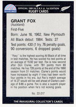 1991 Regina NZRFU 1st Edition #22 Grant Fox Back